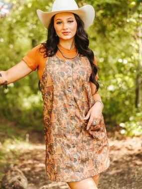 2FLYco Camo Button-Front Pinafore Dress with Rust & Brown Print